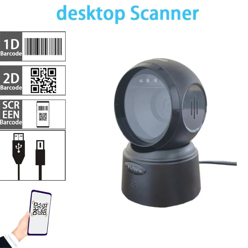 Black desktop barcode scanner with rounded scan window and cable, angled to right