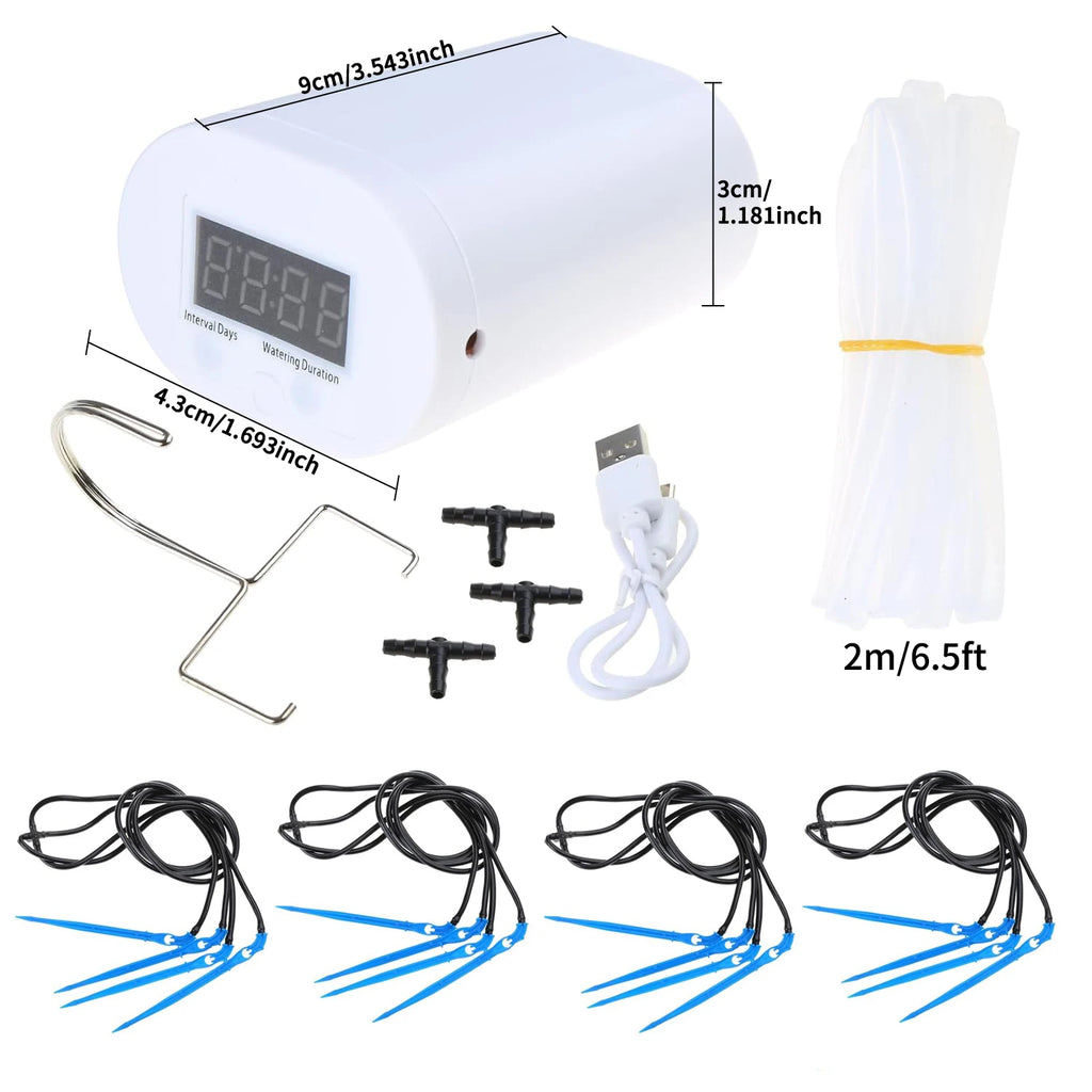 Automatic timer drip irrigation pump with white housing, metal hooks, tubes, and drippers.