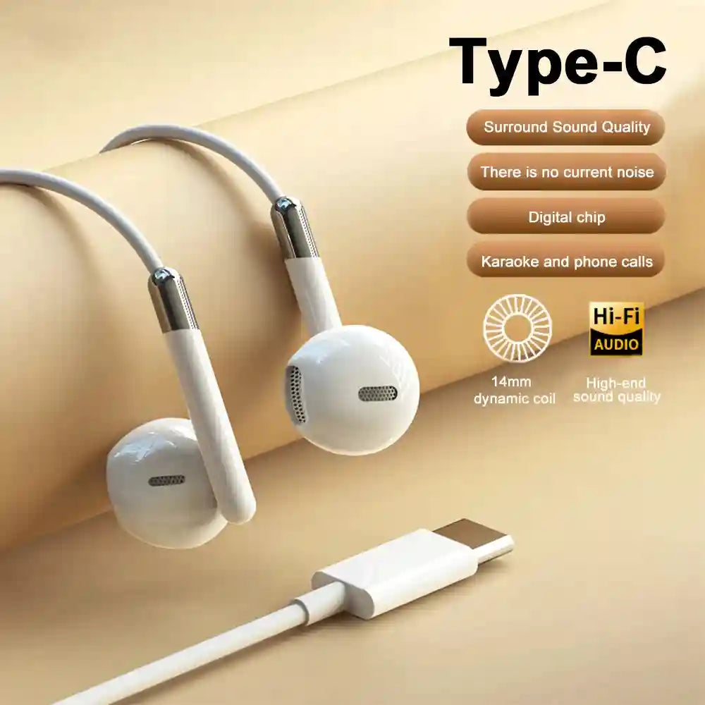 USB C Wired Headphones | HiFi Stereo Sound for Galaxy and iPhone Type C White Tidesmit