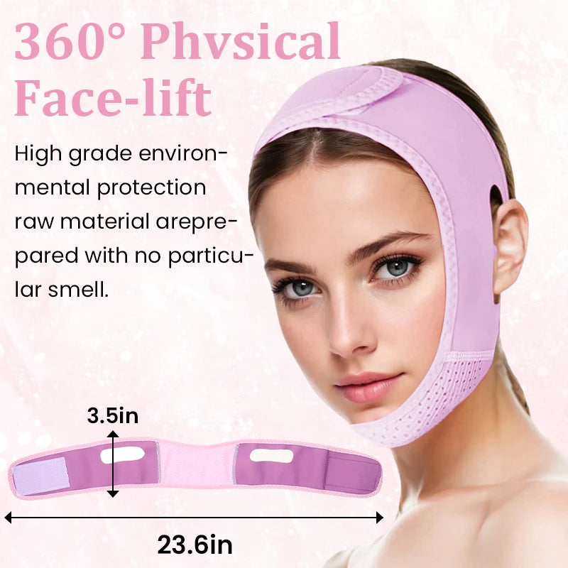A woman wearing a light purple V-line face slimming bandage with breathable fabric and adjustable velcro straps.
