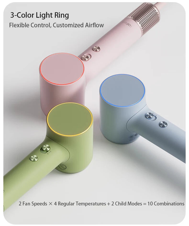Laifen Mini high-speed portable hair dryers in pink, green, and blue with 3-color light ring and temp control buttons.