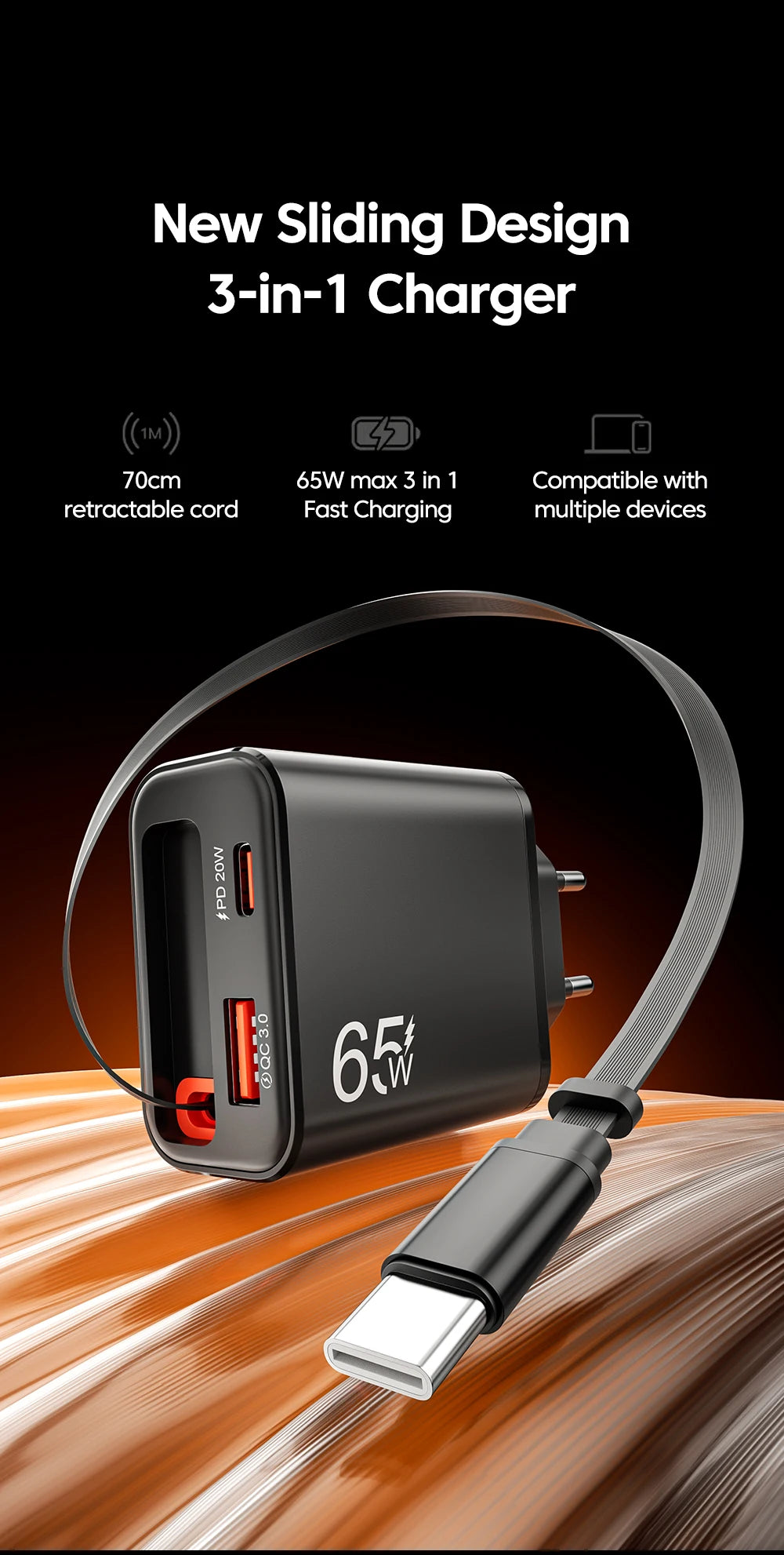 65W USB C Fast Charger with Retractable Cable - Tidesmit Tidesmit