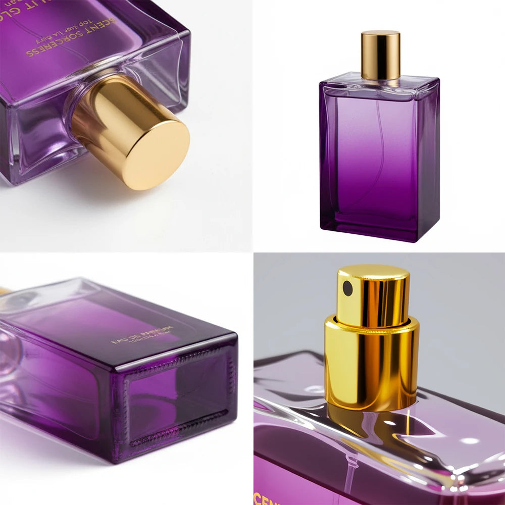 Beloved Sweetheart 100ml women's floral EDT. High-end purple rectangular glass perfume bottle with gold spray cap.