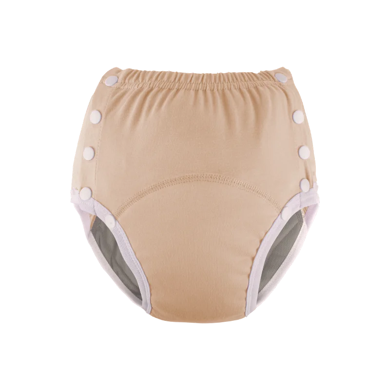 Tan reusable baby training diaper with white side snap buttons for adjustable fit. Baby care leak-proof underwear.