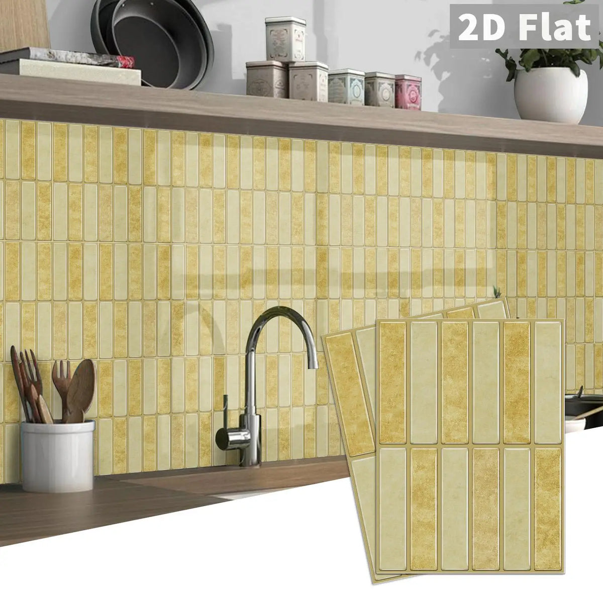 Self-adhesive peel-and-stick tile decals in mustard yellow rectangular grid pattern
