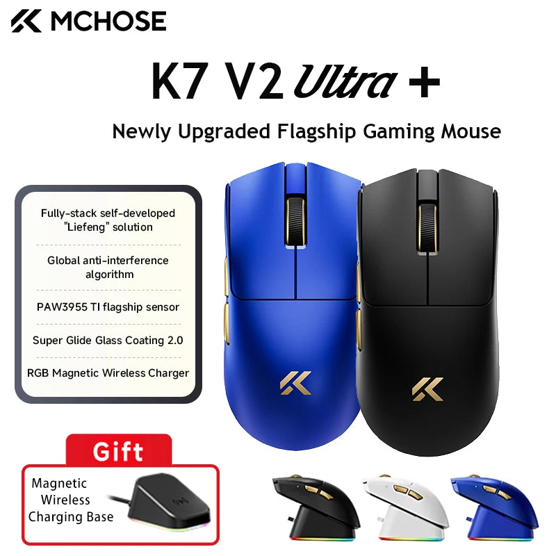 MCHOSE K7 V2 Ultra + Newly Upgraded Gaming Mouse PAW3955 TI 50000DPI 8K Lightweight Wireless Mice With Magnetic Charging Base