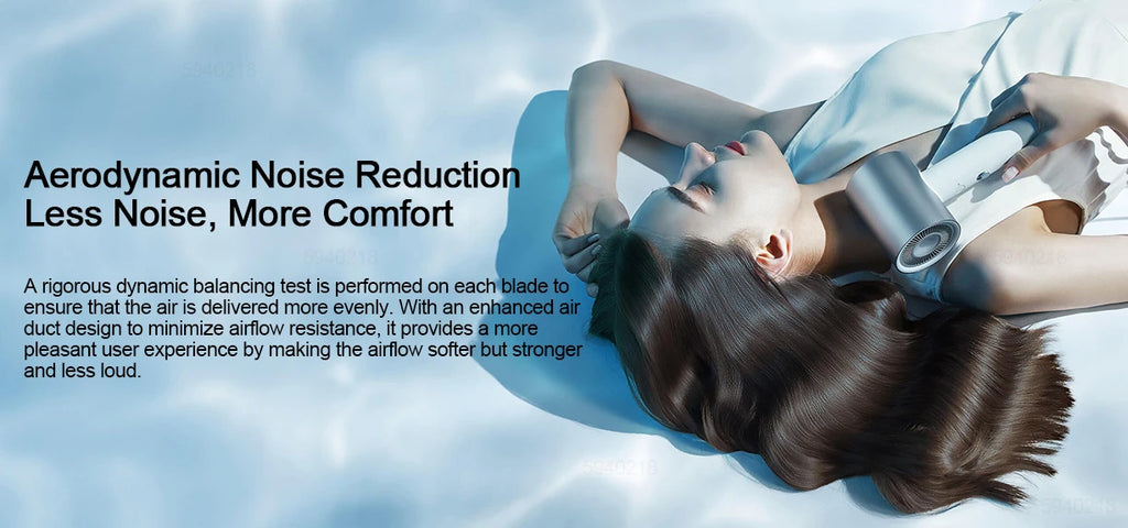 MIJIA H500 white water ion hair dryer featuring quiet, aerodynamic noise reduction design for sleek hair styling.