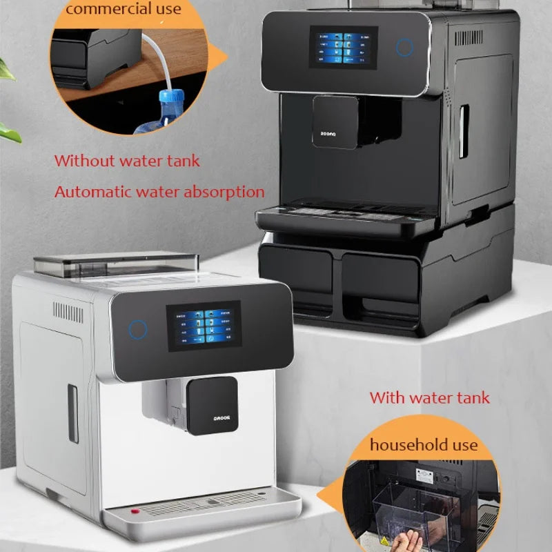 Droog automatic coffee machine with touchscreen, available in black or silver with water tank or external hose options.