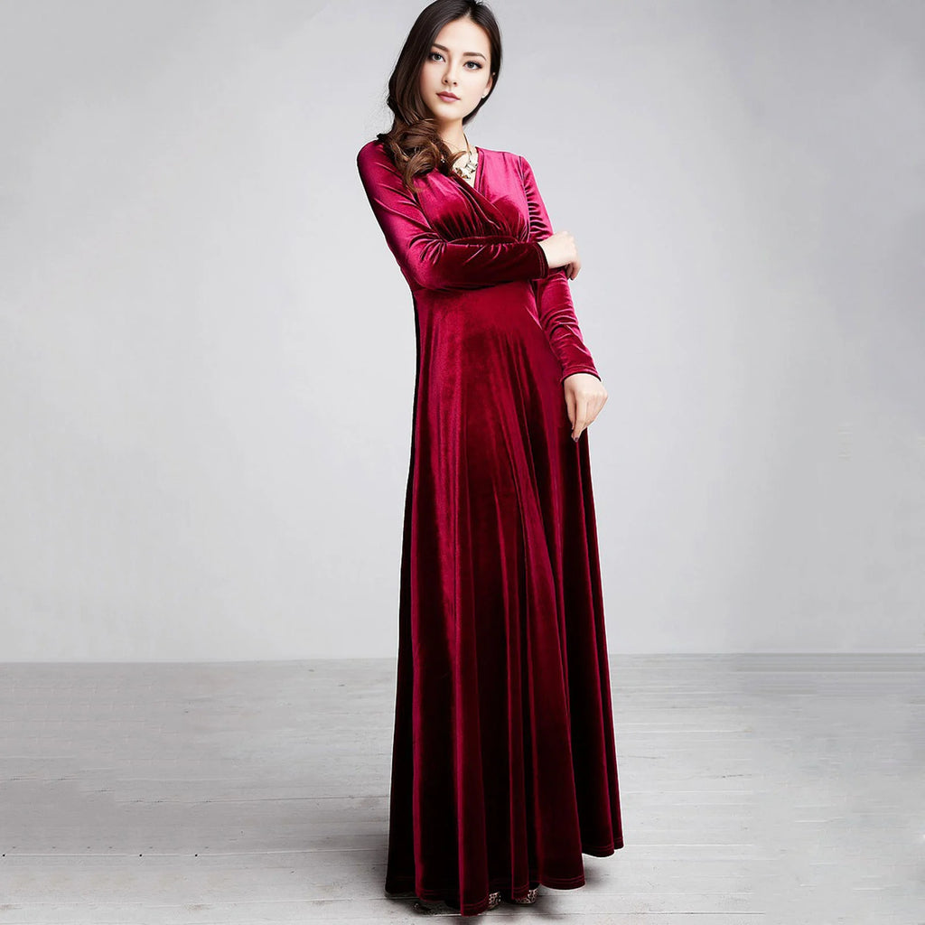 Vintage Women Autumn Long Sleeve V Neck Pleated Velvet Banquet Party Maxi Dress Party Wedding Elegant Evening dress 
