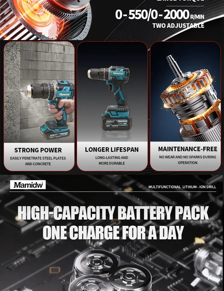 Brushless Cordless Impact Drill 120N.m, 3-in-1 Wireless Electric Screwdriver Hammer Drill, 2 Speed for Concrete Wood Metal Drilling, for makita 18V Battery