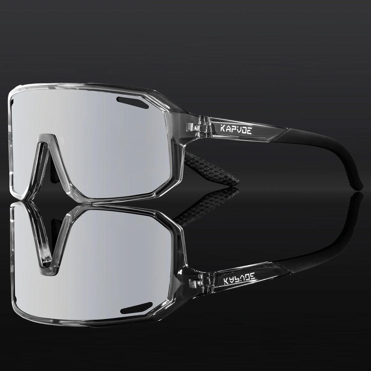 Sport sunglasses for kids with silver-gray reflective lenses and clear frame