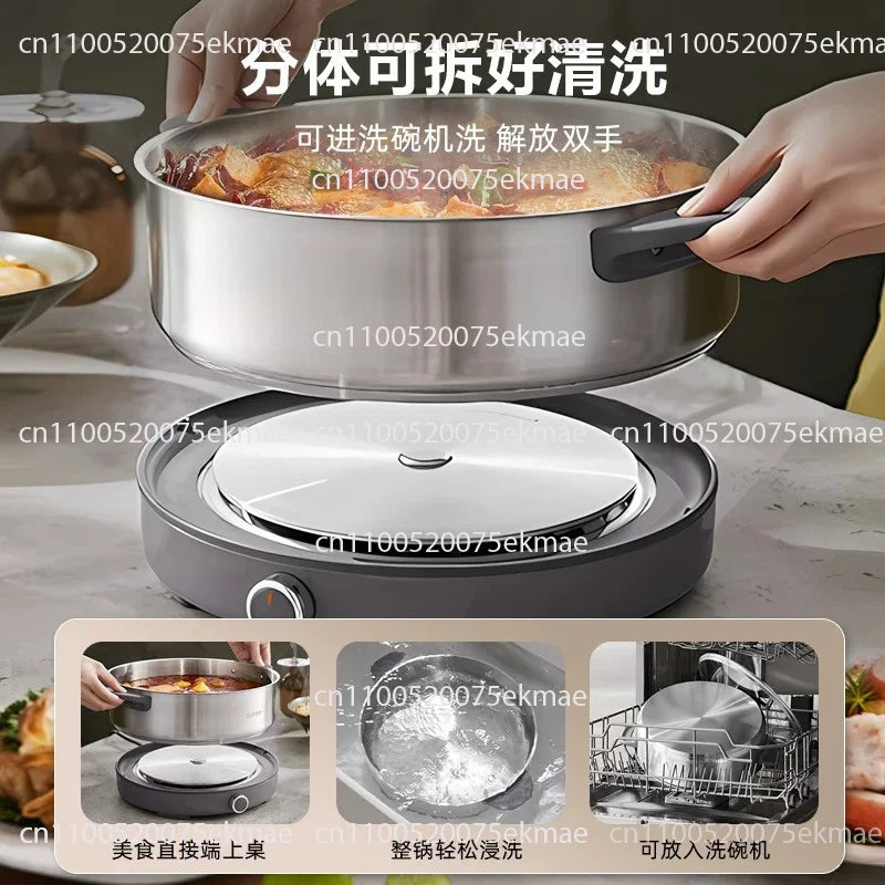 Stainless steel electric hot pot with split lid and handle, pot partially open