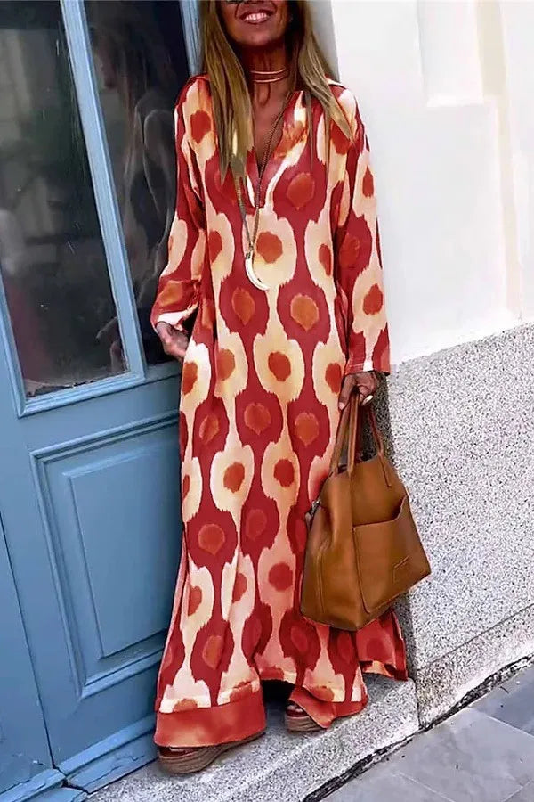 2024 Autumn Causal V NeckWomen Geometric  Maxi Dress  Long Sleeve Dresses Female Holiday Beach Boho Dress