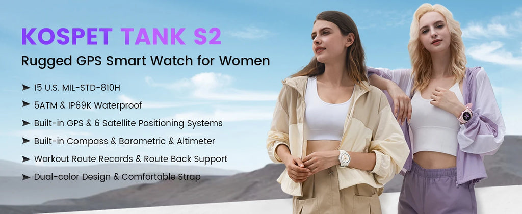 KOSPET TANK S2 GPS Smart Watch For Women Compass Altimeter Barometer Bluetooth Call AI Voice AMOLED IP69K Waterproof Smartwatch