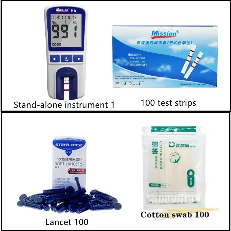 Mission Hemoglobin Hb meter kit with 100 test strips, blue lancets, and cotton swabs for home anemia testing.