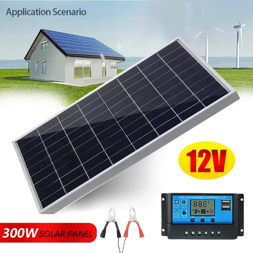 300W polycrystalline solar panel kit with charge controller and battery clips, shown with a house and wind turbines.