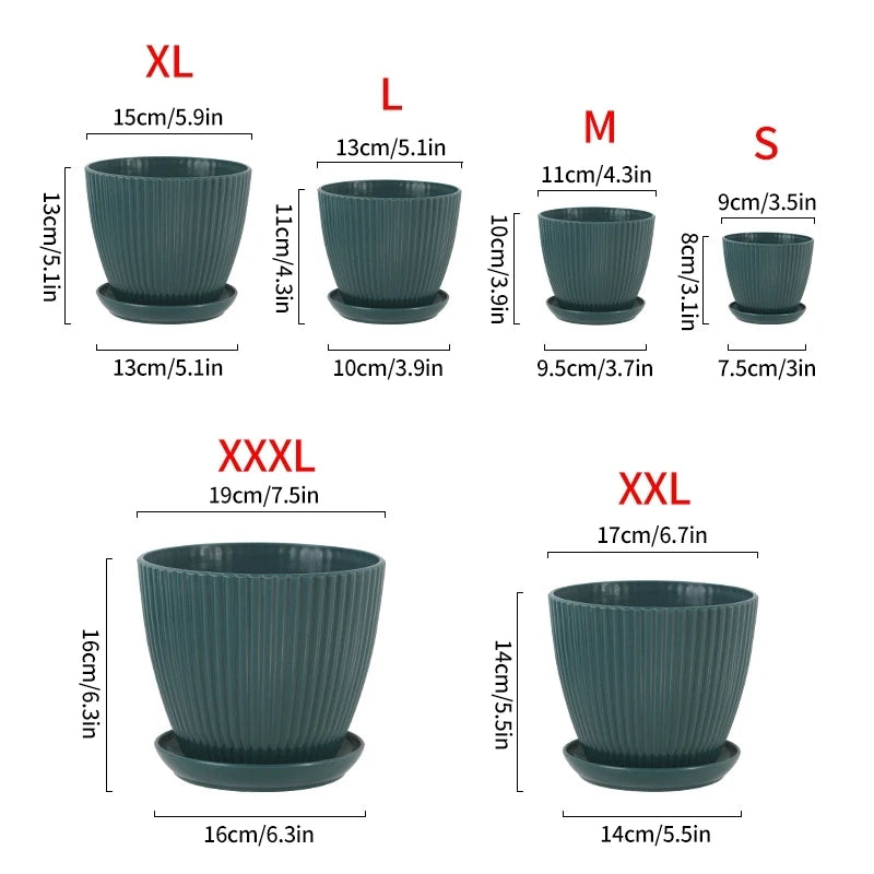 Plant pot size chart diagram showing S, M, L, XL, XXXL, and XXL measurements