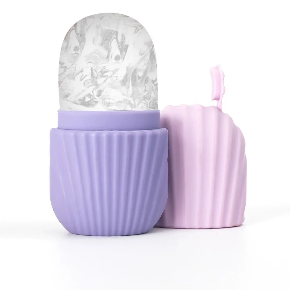 A silicone ice face roller in purple with a removable cap, showing a frozen, cylindrical ice insert.