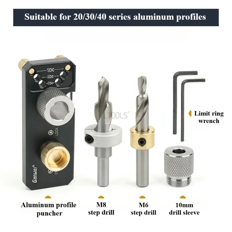Aluminum Profile Positioning Punching Locator 20/30/40 Series Profile Universal Drilling Jig Set with M6 and M8 Step Drill Bits