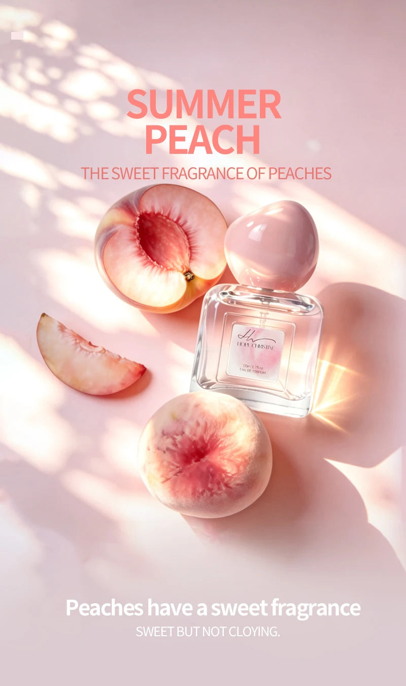 Hope Christine Summer Peach EDP: Women’s fragrance with peach, citrus, vanilla, coconut in a sleek glass bottle.