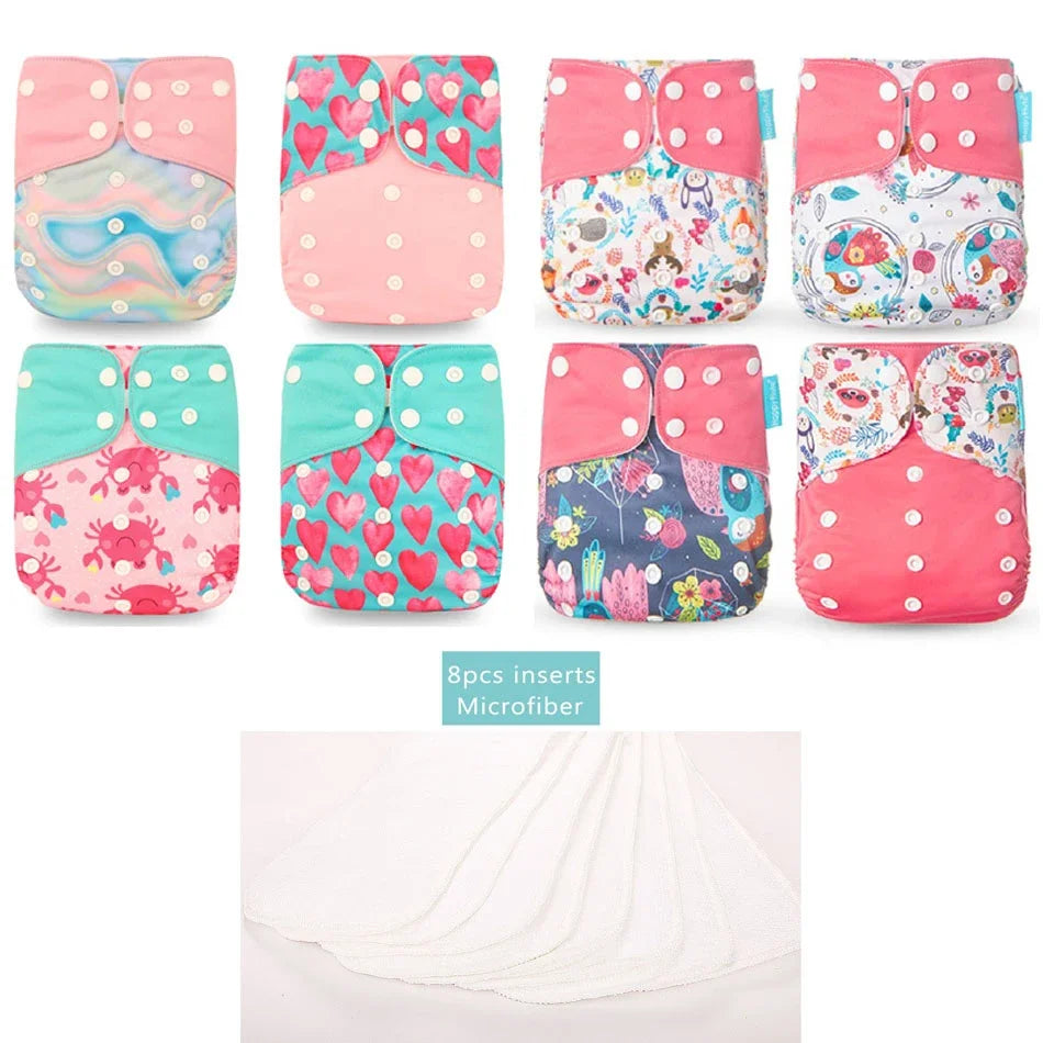 8-pack reusable cloth diapers with microfiber inserts in various colorful, patterned baby care designs.