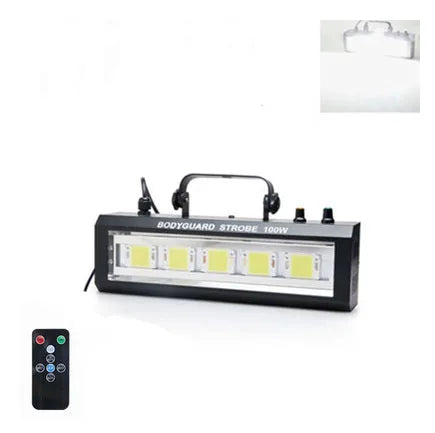 100W LED strobe light with handheld remote beside it, front lens window visible