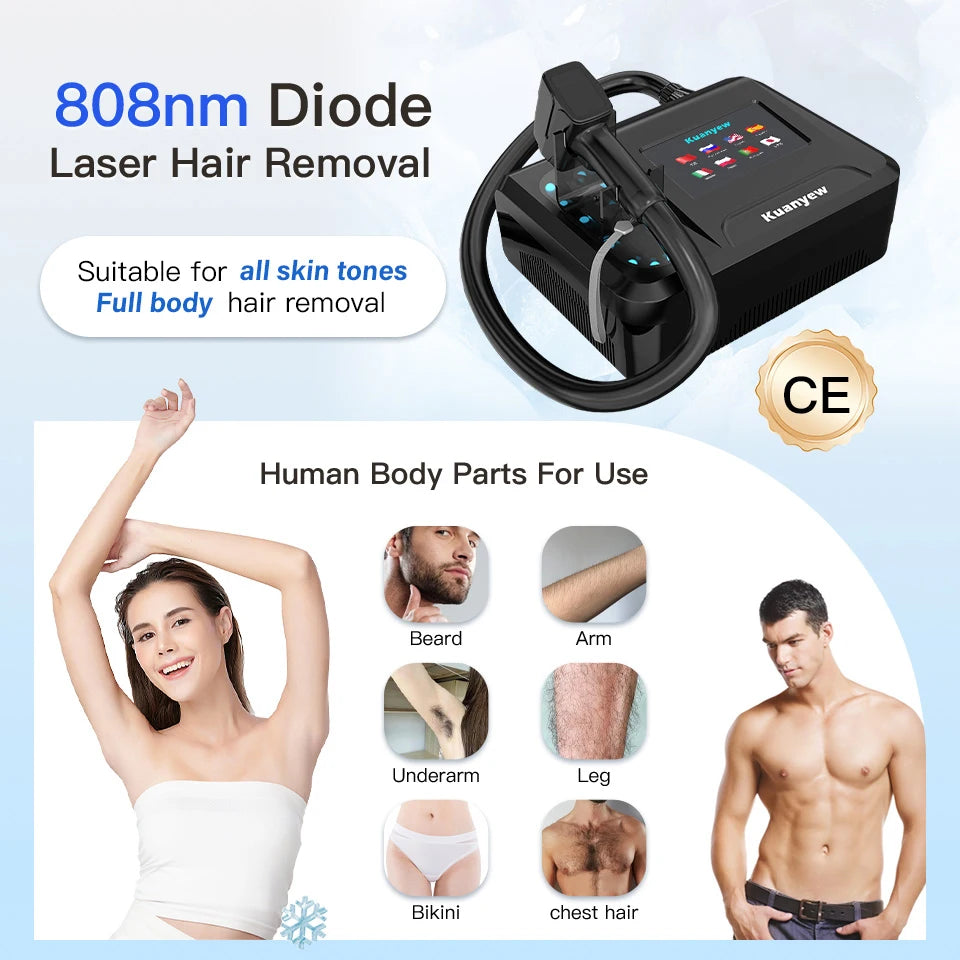 Black 808nm diode laser hair removal device for painless full-body skin rejuvenation and permanent hair reduction.