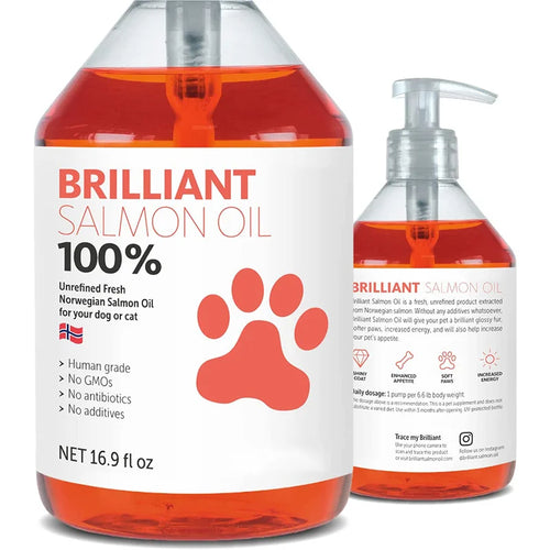 Salmon oil supplement bottle for dogs and cats with pump, orange liquid, Brilliant label