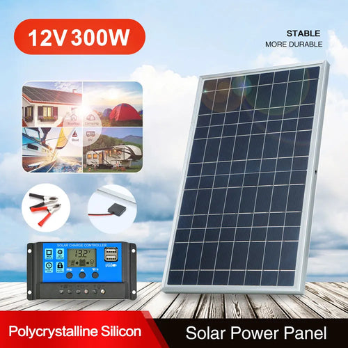 12V 300W polycrystalline solar panel kit with charge controller, USB ports, and battery clips for outdoor power.