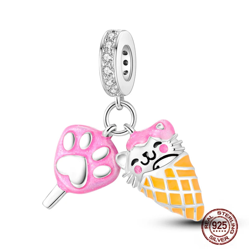 Real 925 silver charm with pink paw print and cat ice cream cone, perfect for pet lover DIY bracelets and pendants.