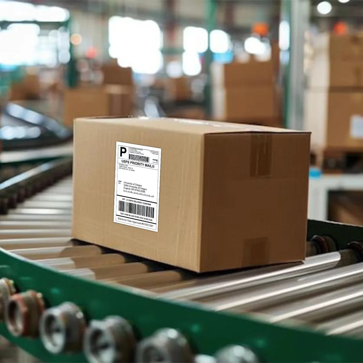 Thermal shipping label on brown cardboard box on a conveyor belt in a warehouse