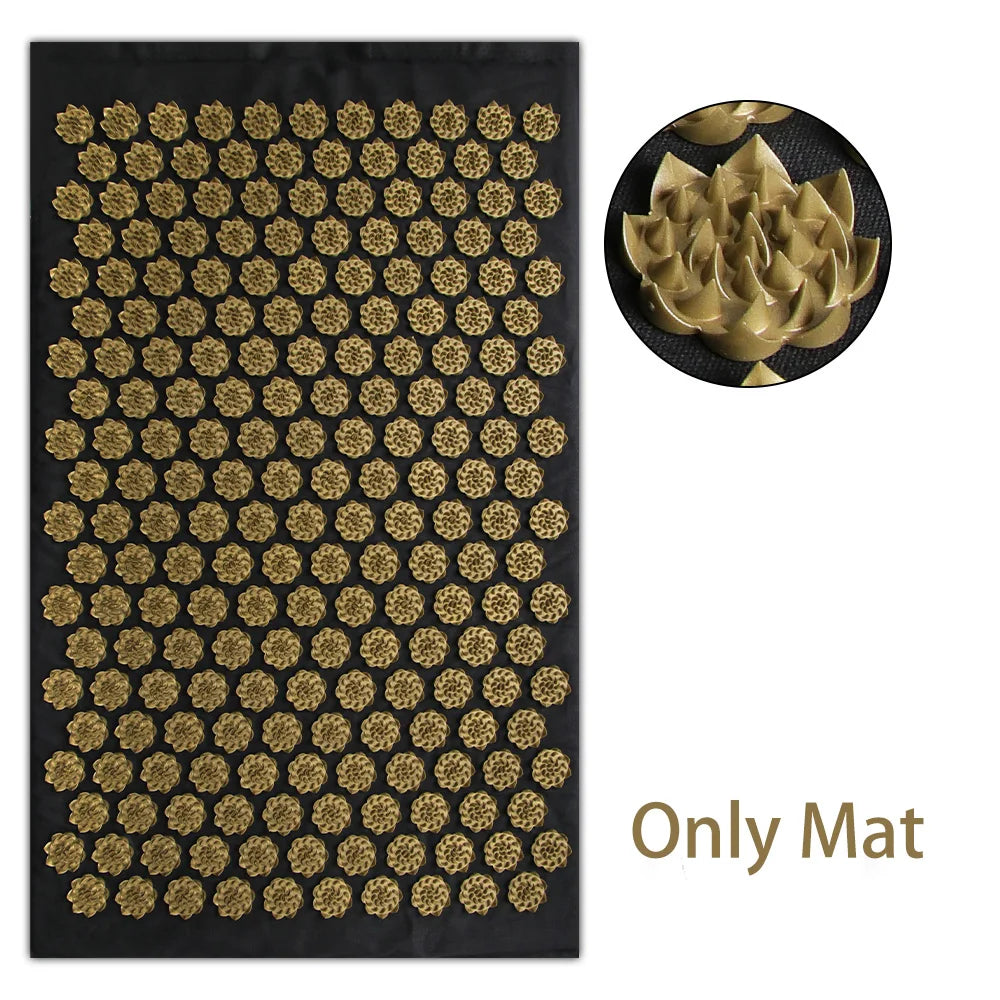 Black acupressure mat with a grid of golden, lotus-shaped spiked discs and a close-up detail view.