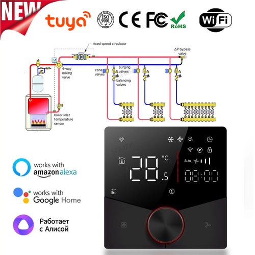 WiFi smart thermostat with black face, digital display, and red-ring control knob