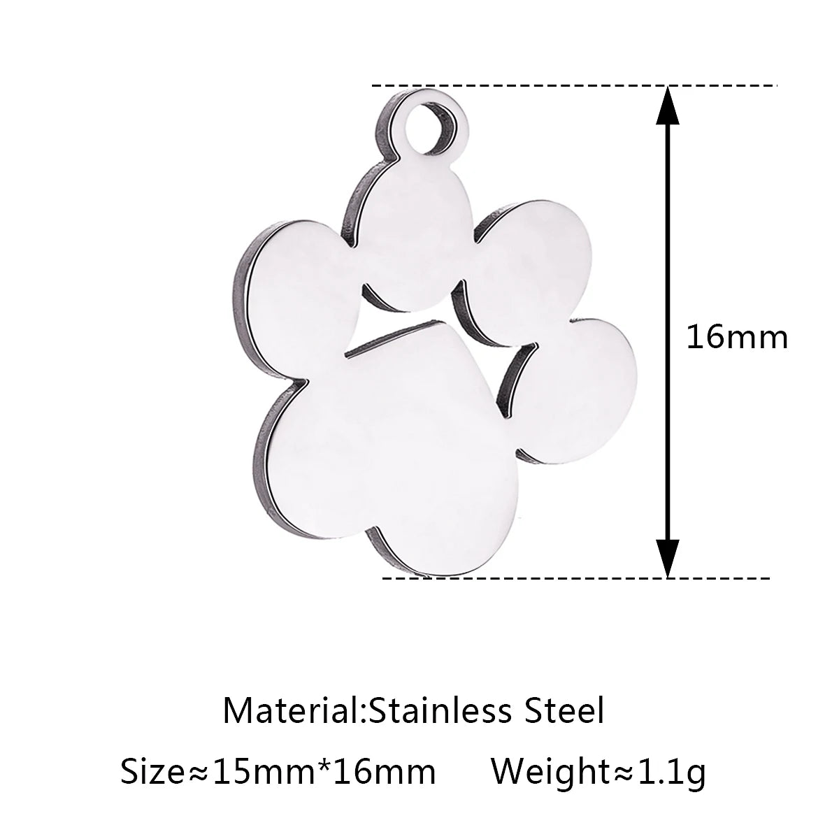 16mm stainless steel dog cat paw charm for DIY jewelry making, necklace, or bracelet accessories.