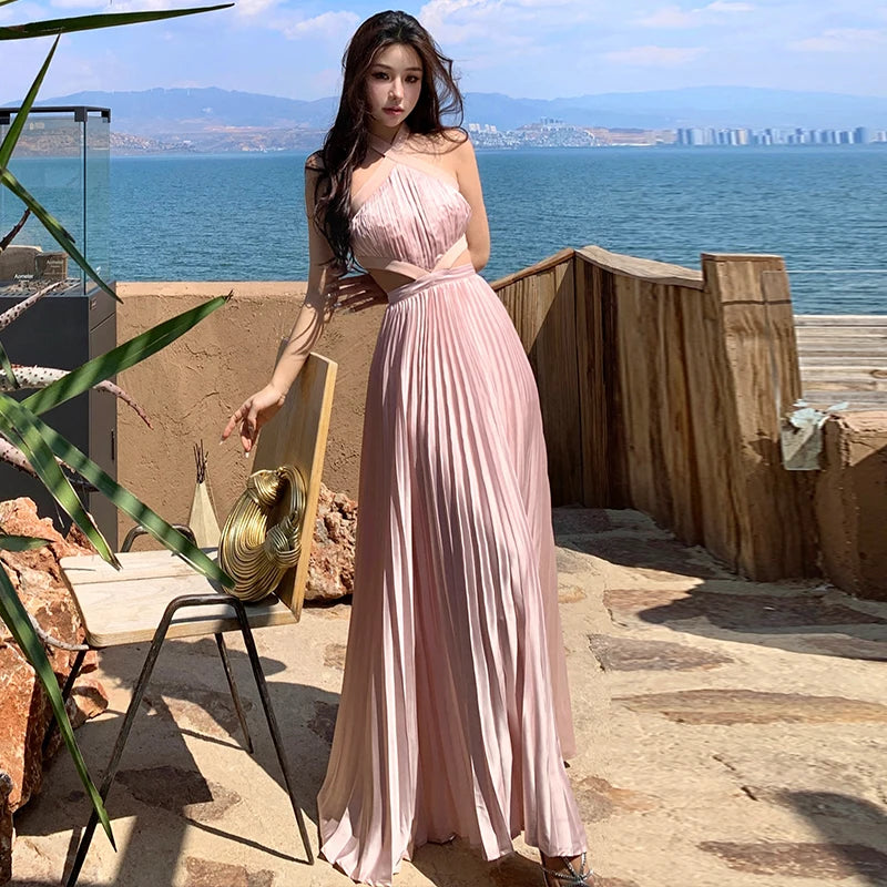 New Sexy Club Birthday Party Pleated Robe Long Dresses Women Summer Halter Neck Sleeveless Off The Shoulder Holiday Beach Dress