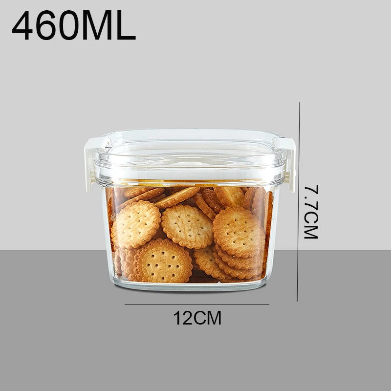 Clear vacuum jar with airtight lid filled with round beige crackers
