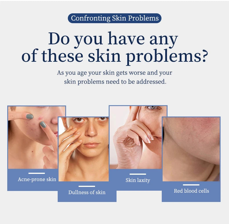Four panels showing skin issues: acne, dullness, laxity, and redness with text about aging and skin health.
