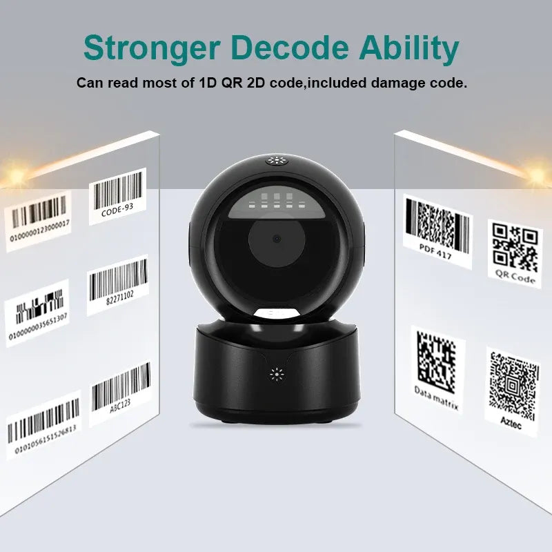 Black omnidirectional barcode scanner with front lens and LED, designed for 1D and 2D codes