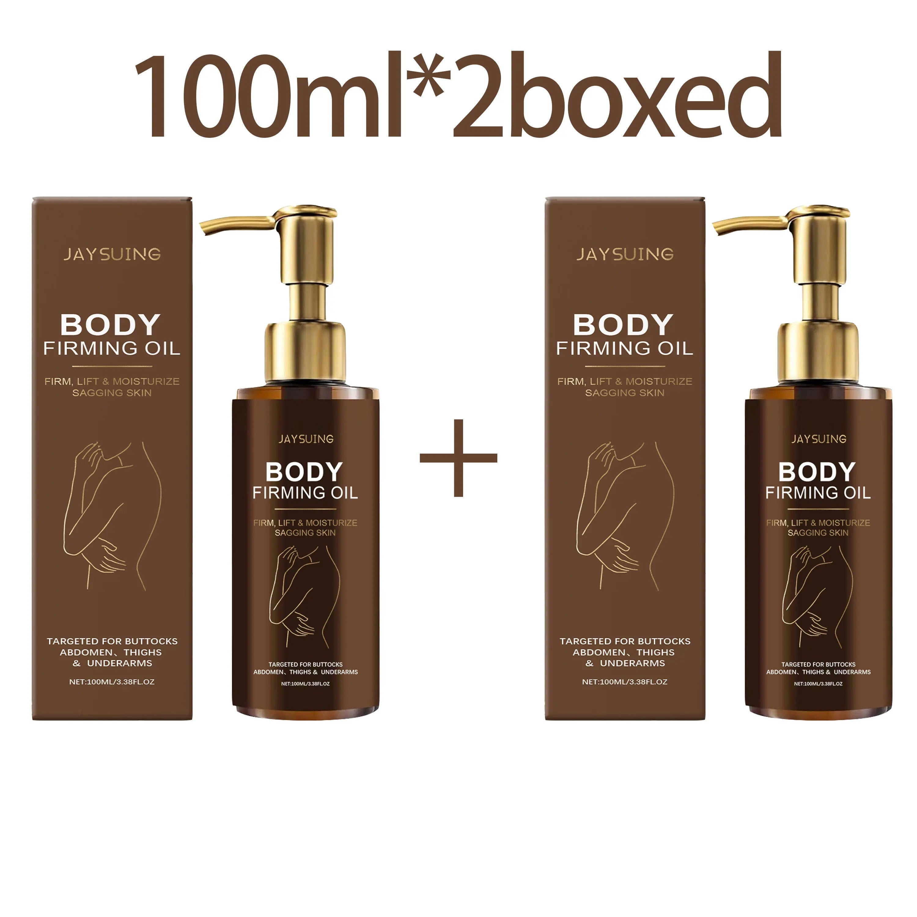 Body firming oil set with two boxes and two bottles with gold pumps