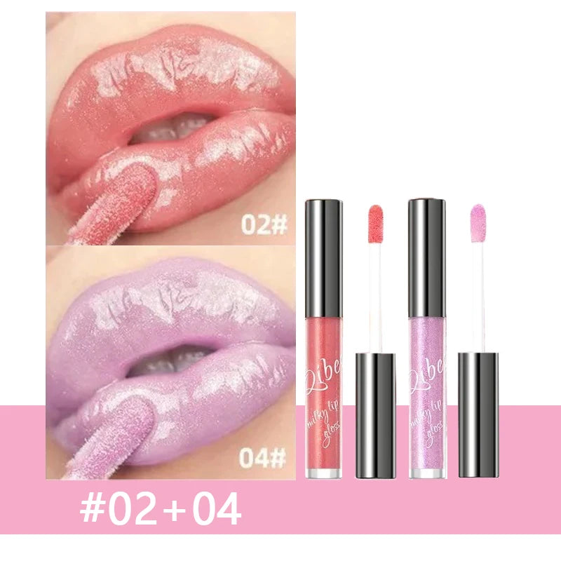 Taro purple and pink moisturizing lip gloss with gold sparkle for a glassy jelly shine and plumping effect.