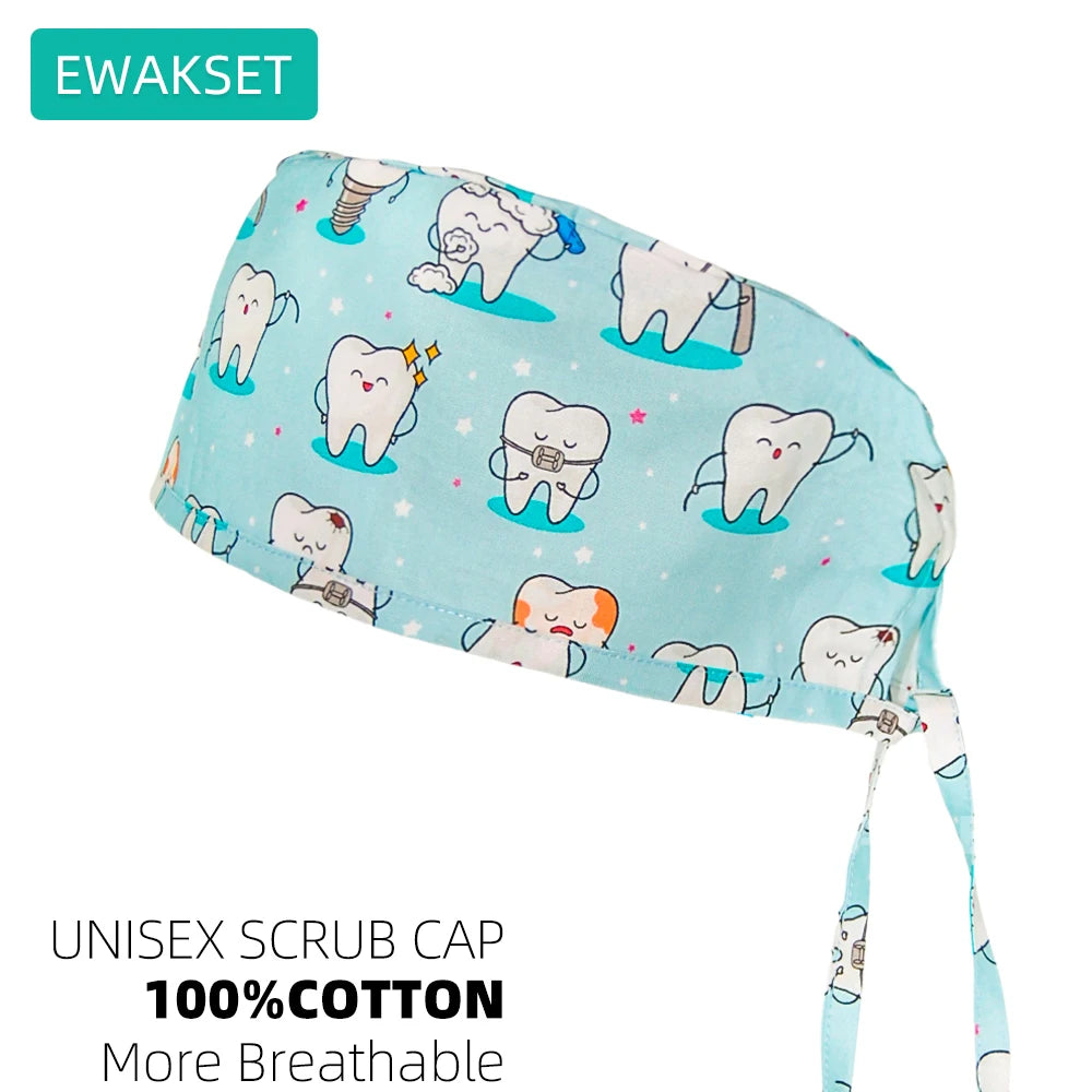 Light blue cotton unisex scrub cap with teeth print, featuring adjustable sweatband for dental, vet, and nursing staff.
