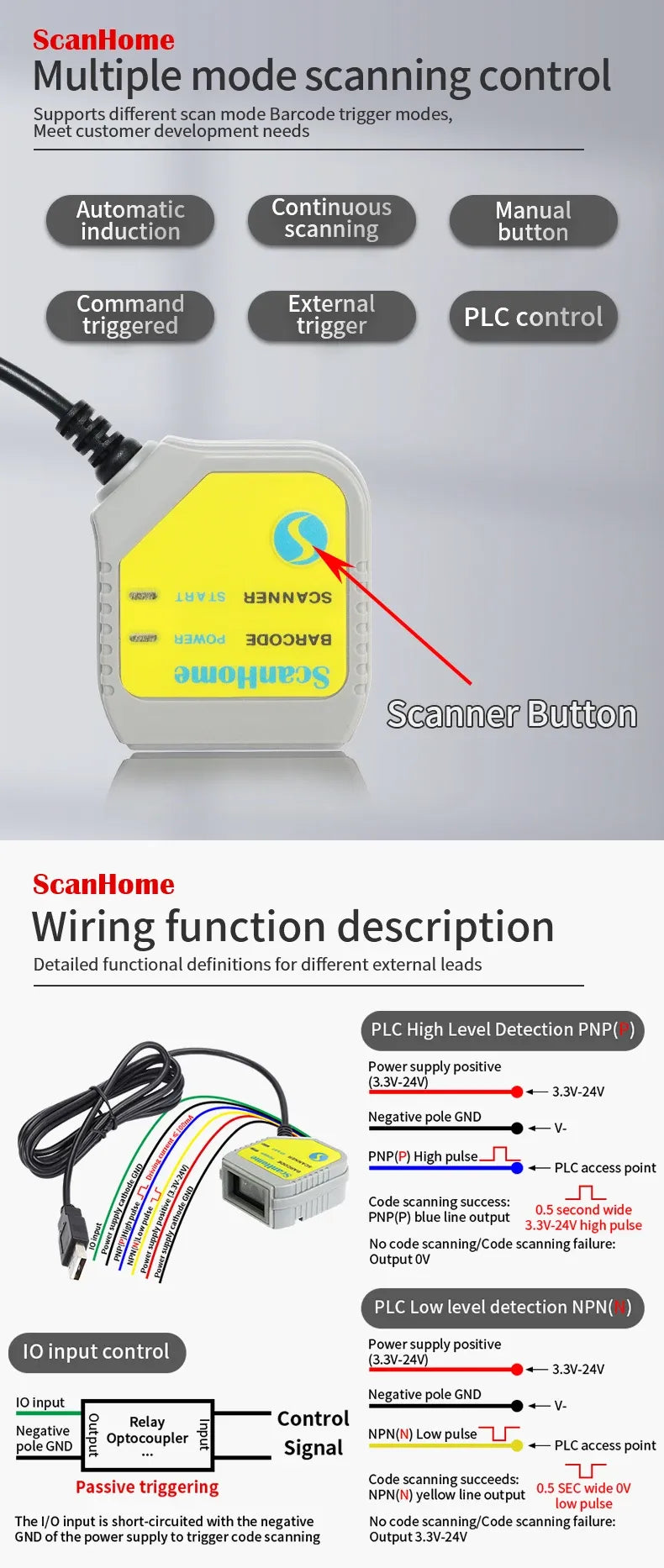 Fixed-mount barcode scanner with yellow label and scanner button on gray housing