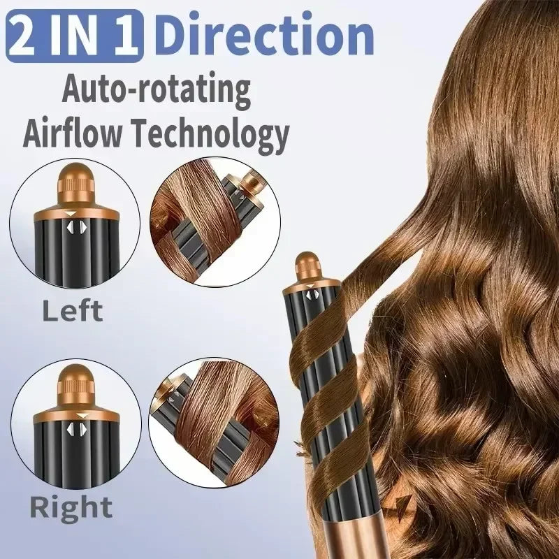 SenCiciMen 6-in-1 auto-rotating curling iron with black and gold barrel styling hair into curls using airflow tech.