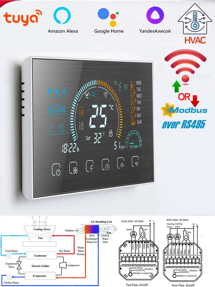 Wifi/RS485/Zigbee Thermostat Air Conditioning 3 Fan Coil Unit Home Cooling/Heating 2/4 Pipe Temperature Controller with Alexa