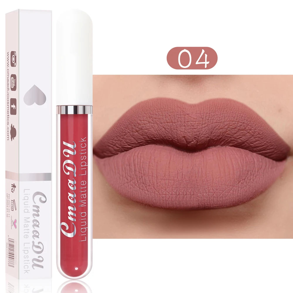 Cmaadu waterproof liquid matte lipstick in a dusty rose shade, featuring a smooth, long-lasting non-stick finish.