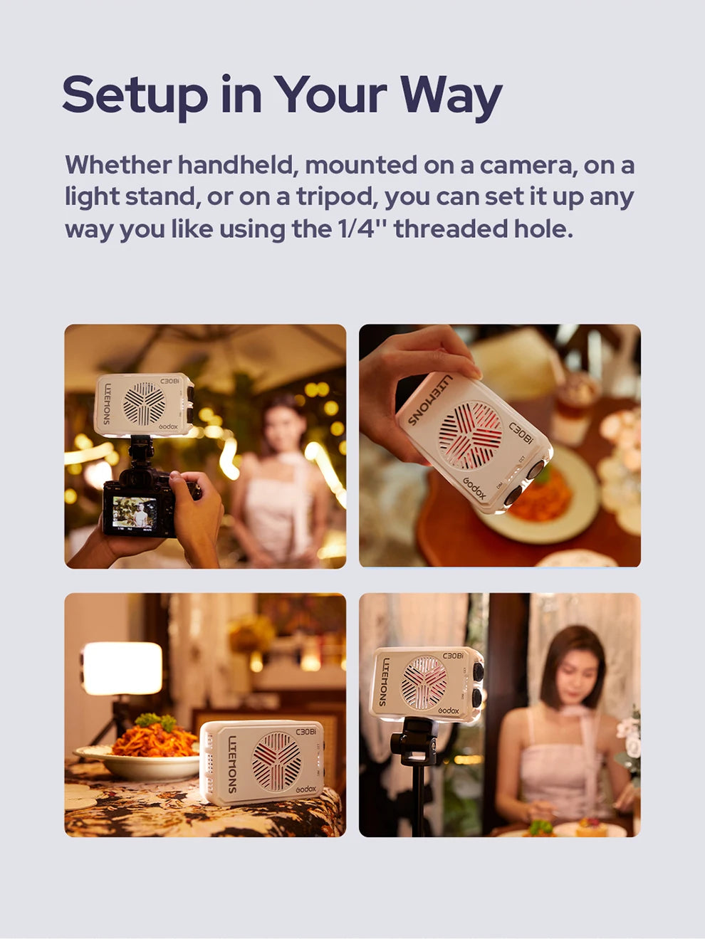 Small white rectangular Litemons C30Bi LED light with a 1/4" mount, shown handheld and attached to cameras and stands.