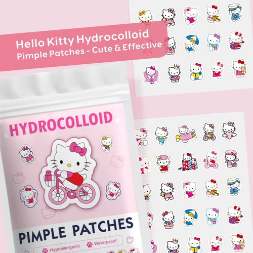 Hello Kitty hydrocolloid pimple patch packets with pink header and character sticker layout