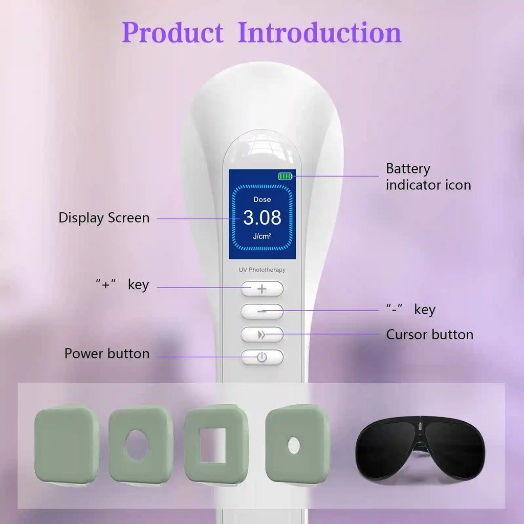 White handheld UV phototherapy device with digital screen, control buttons, light-shielding attachments, and goggles.