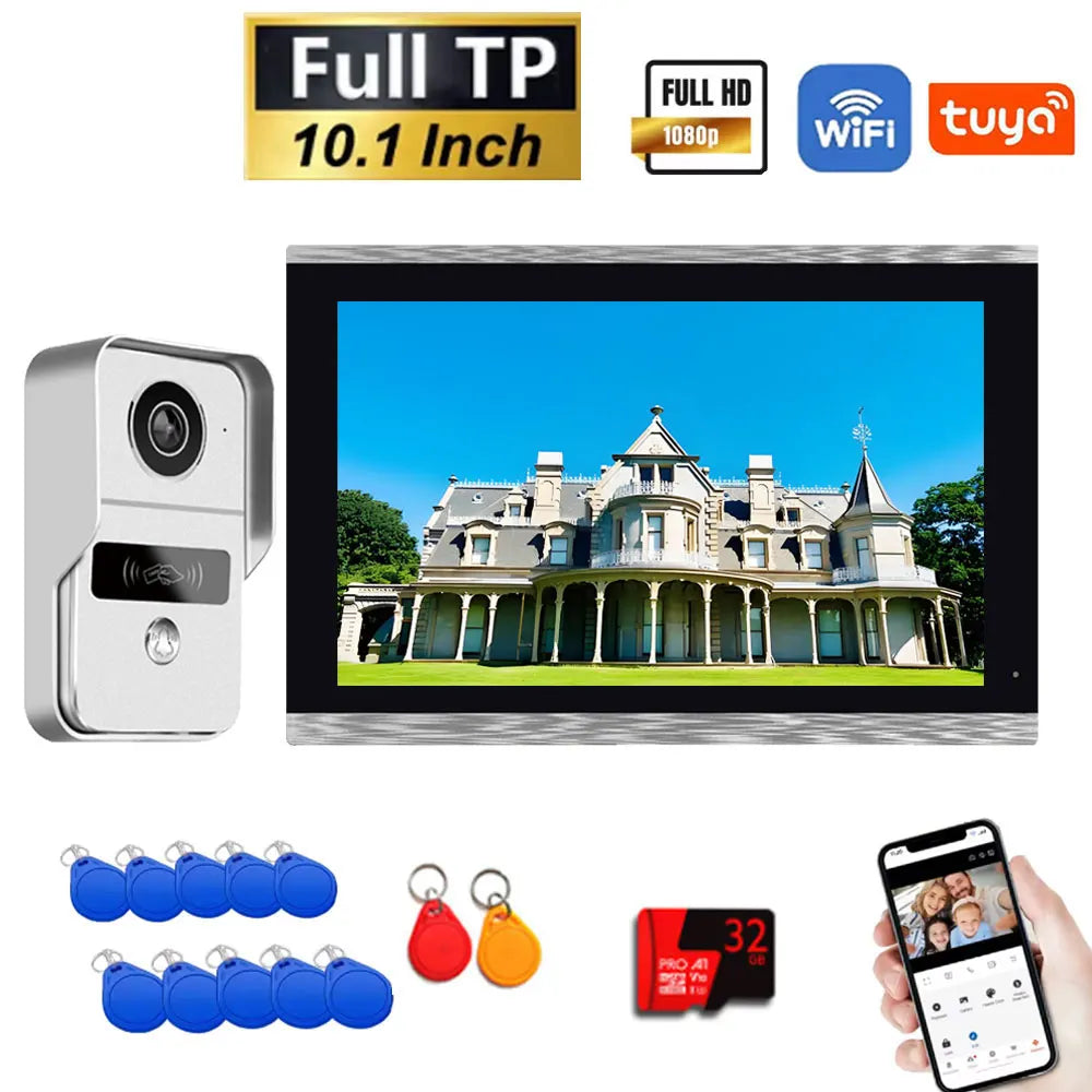 Silver 10.1-inch full TP video doorbell intercom kit with WiFi camera and key tags
