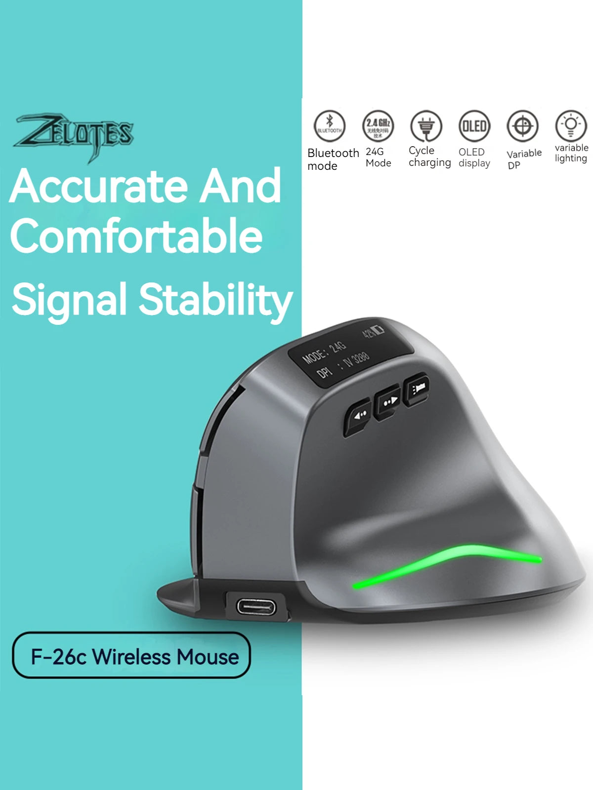 Zelotes F-26C Computer Laptop Office Mouse 2.4G Wireless Gaming Mouse Bluetooth Mouse DPI Adjustable LED Display Screen